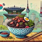 ソウルのジャージャー麺をポップなイラストで描いた画像。黒味噌ソースが絡んだ麺が韓国風の器に盛られ、背景にはソウルの風景や韓国文化を感じる要素が描かれたデザイン。