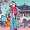 春のソウル旅行でおすすめの3月の服装をイラストで表現したポップなアイキャッチ画像