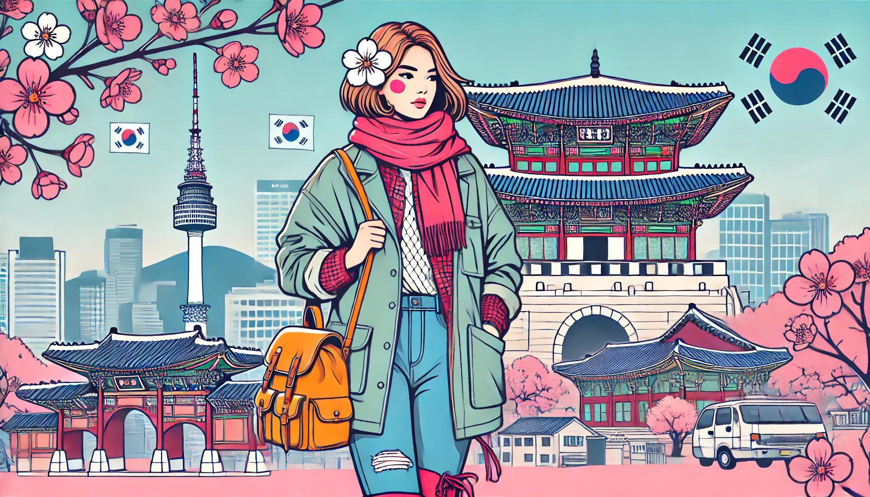 春のソウル旅行でおすすめの3月の服装をイラストで表現したポップなアイキャッチ画像