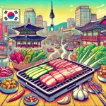 ソウルで楽しむサムギョプサルの人気店を紹介するブログのトップ画像。韓国料理を象徴する焼肉や野菜の盛り合わせがポップなイラストで描かれている様子。