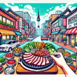 ソウルのミシュラン掲載店で楽しめるサムギョプサルと韓国料理が並ぶポップなイラスト