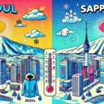 ソウルと札幌の冬の寒さを比較したポップなイラスト。ソウルの都市風景と札幌の雪山が対比されており、気温や降雪量の違いを視覚的に表現しています。ソウル 札幌 どっち が 寒いかをテーマにした冬のイメージです。