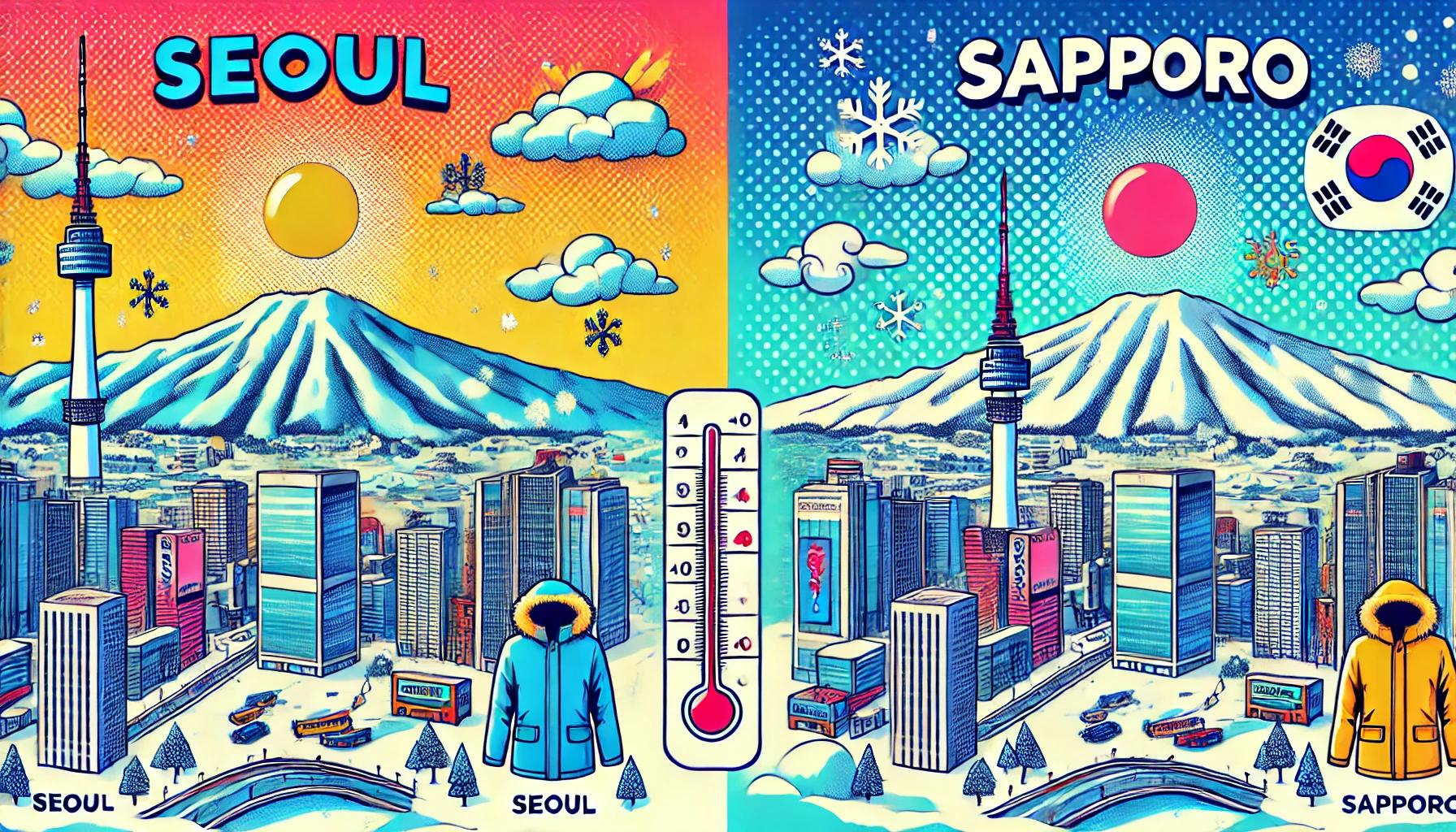 ソウルと札幌の冬の寒さを比較したポップなイラスト。ソウルの都市風景と札幌の雪山が対比されており、気温や降雪量の違いを視覚的に表現しています。ソウル 札幌 どっち が 寒いかをテーマにした冬のイメージです。