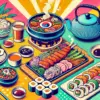 ソウルのランチを楽しめる人気グルメのイラスト。カラフルなポップなデザインで、韓国の美味しい料理が描かれている。韓国料理の魅力が伝わるアイキャッチ画像。