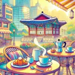 ソウルの朝活にぴったりなカフェのイラスト。朝の日差しが差し込むおしゃれなカフェで、コーヒーと焼きたてのパンが並ぶテーブル。韓国の伝統的な建物と近代的な街並みが背景に広がり、ソウルの朝の活気を感じさせる温かみのある雰囲気。