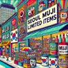 ソウルの無印良品店内のポップなイラスト。韓国限定の即席スープやお菓子が並ぶ棚が描かれ、ショッピングを楽しむ人々の様子が表現されている。ソウル無印良品で買える人気商品を紹介するアイキャッチ画像。