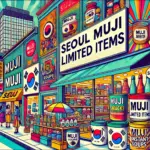 ソウルの無印良品店内のポップなイラスト。韓国限定の即席スープやお菓子が並ぶ棚が描かれ、ショッピングを楽しむ人々の様子が表現されている。ソウル無印良品で買える人気商品を紹介するアイキャッチ画像。