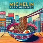 ソウルのミシュラン掲載冷麺店で提供される本場の冷麺のイラスト。透明なスープにそば粉の麺が絡み、箸で持ち上げられている様子が描かれ、背景にはソウルの街並みが広がる。