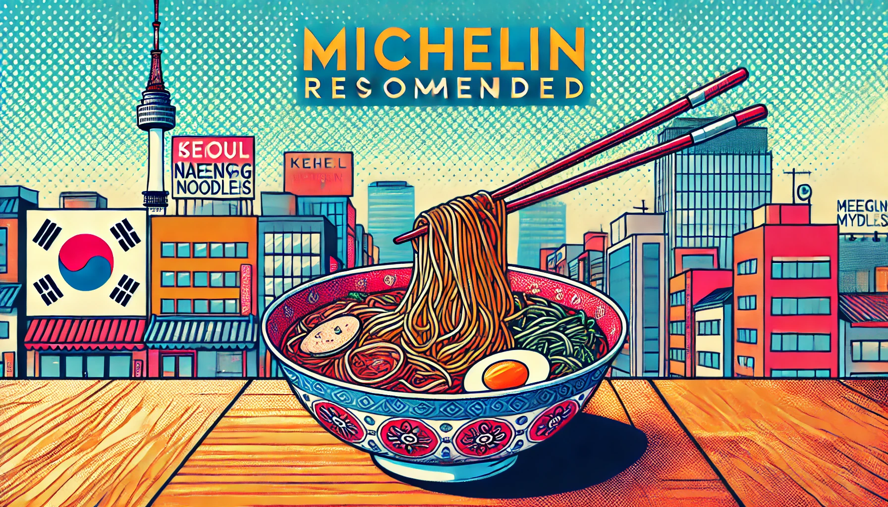 ソウルのミシュラン掲載冷麺店で提供される本場の冷麺のイラスト。透明なスープにそば粉の麺が絡み、箸で持ち上げられている様子が描かれ、背景にはソウルの街並みが広がる。