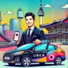 ソウルでウーバー（Uber）を利用する様子を描いたポップなイラスト。背景にはNソウルタワーや韓国の伝統的な建物が描かれ、スマートフォンの画面にはウーバーのアプリが表示されている。観光客がウーバーに乗車する場面を表現し、ソウルでの便利な移動手段としてのウーバーを紹介するイメージ。