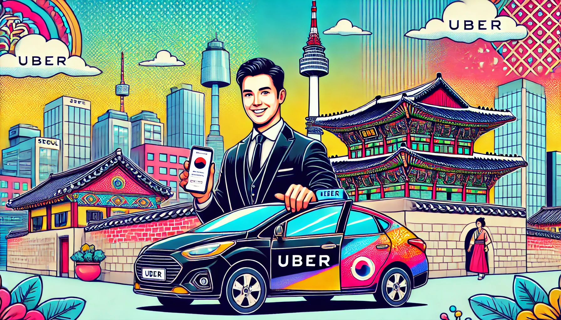 ソウルでウーバー（Uber）を利用する様子を描いたポップなイラスト。背景にはNソウルタワーや韓国の伝統的な建物が描かれ、スマートフォンの画面にはウーバーのアプリが表示されている。観光客がウーバーに乗車する場面を表現し、ソウルでの便利な移動手段としてのウーバーを紹介するイメージ。