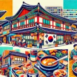 ソウル安国の魅力を伝えるポップなイラスト。伝統的な韓屋や観光名所が描かれ、カフェやグルメスポットの雰囲気も感じられるデザイン