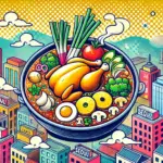 ソウルの人気料理タッカンマリをポップなイラストで表現した画像。丸ごと煮込まれた鶏肉と野菜が入った鍋が描かれ、韓国グルメの魅力が伝わるデザイン。