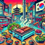 ソウルの人気焼肉店で楽しむ本場の韓国焼肉のイラスト。炭火で焼かれる肉や韓国ならではのサイドメニューが描かれ、ソウルの焼肉文化の魅力が伝わるポップなデザイン