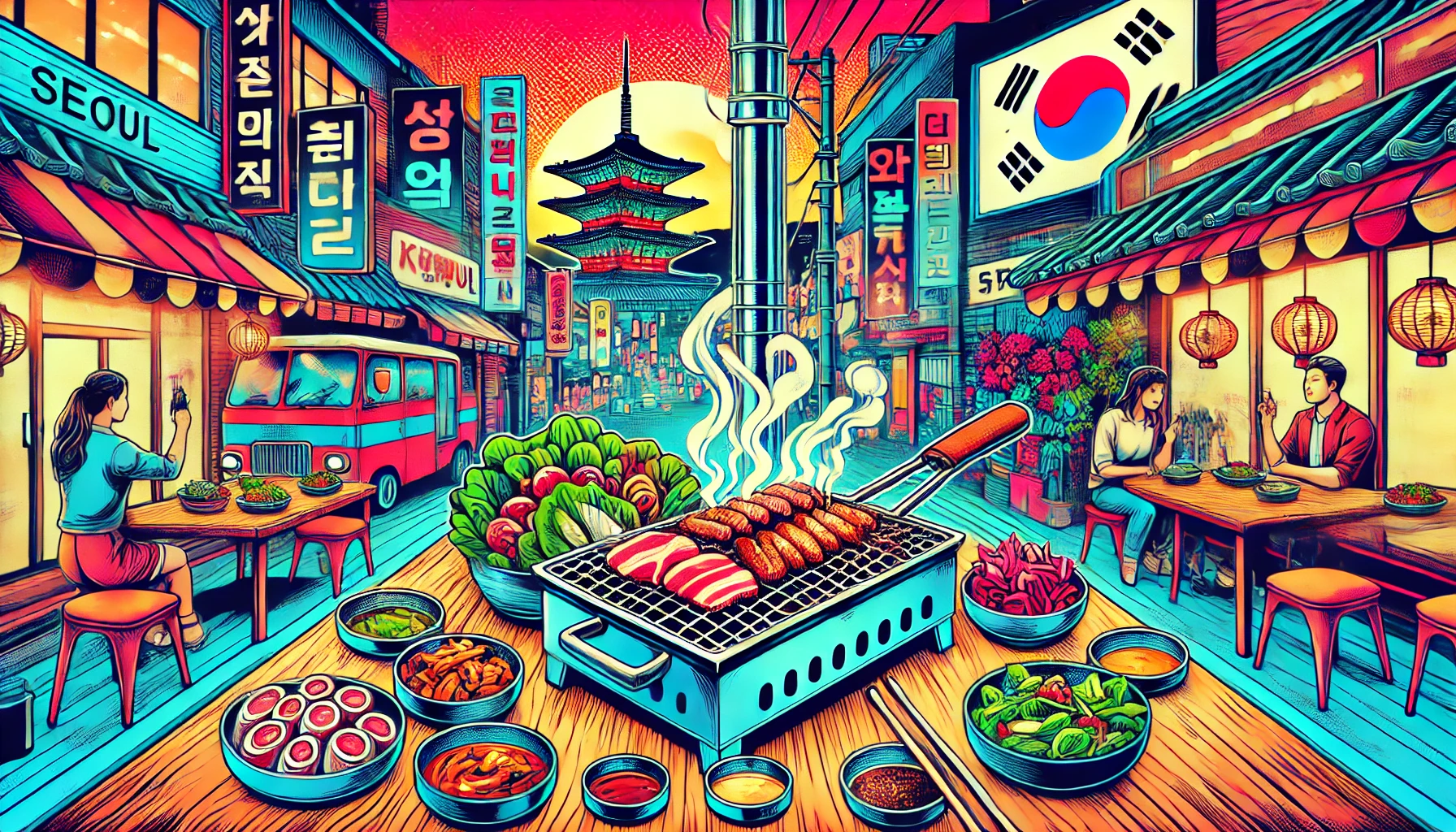 ソウルの人気焼肉店で楽しむ本場の韓国焼肉のイラスト。炭火で焼かれる肉や韓国ならではのサイドメニューが描かれ、ソウルの焼肉文化の魅力が伝わるポップなデザイン