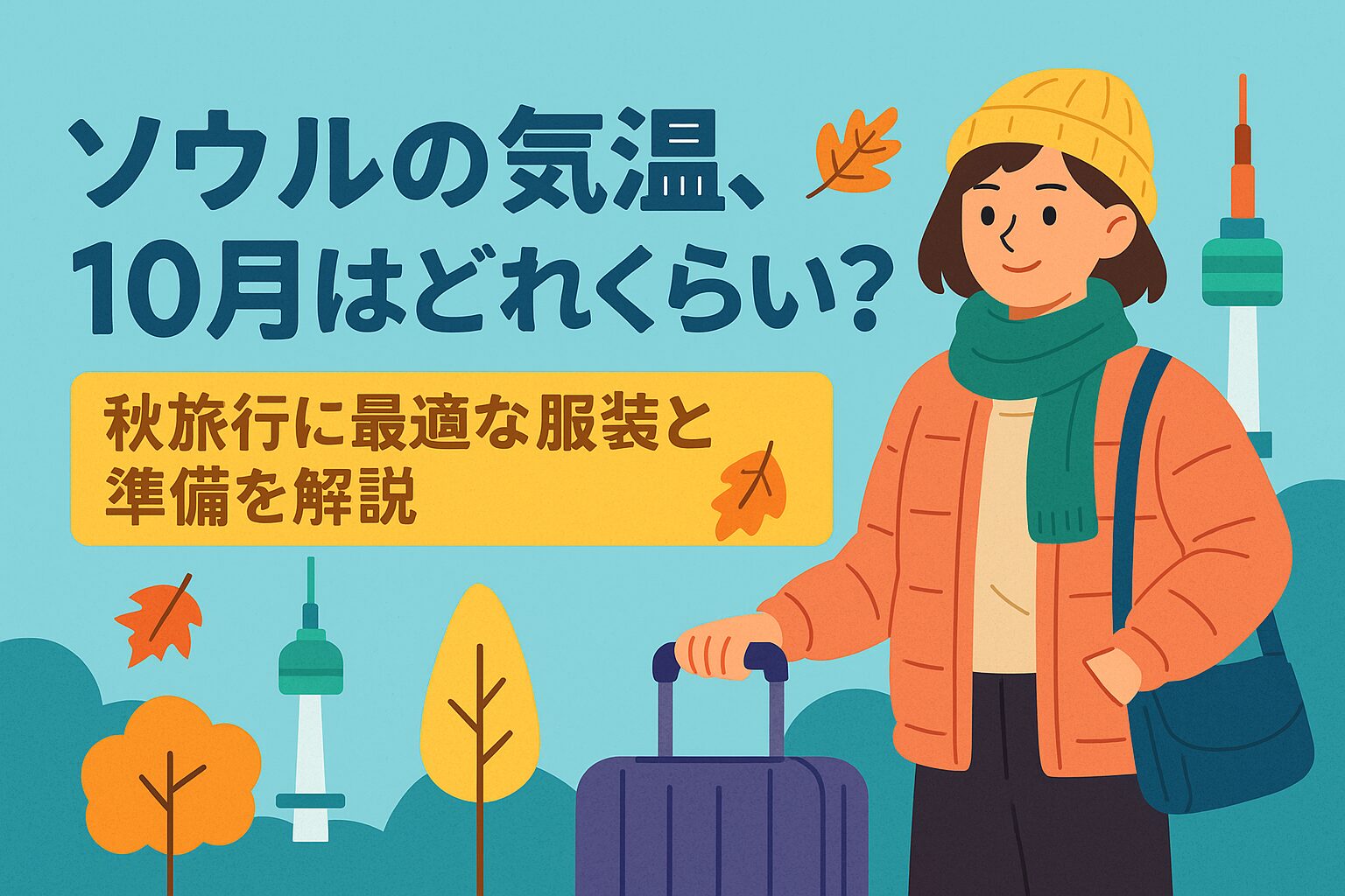秋のソウル旅行をイメージしたポップなイラストで、ソウルの気温の10月に合わせた服装で女性がスーツケースを持ち、紅葉やNソウルタワーの背景が描かれている。