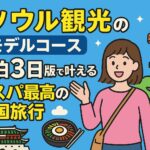 ソウル観光モデルコース2泊3日をイメージした、韓国の街並みや観光スポットが描かれたポップなイラスト