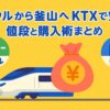 ソウルから釜山までのKTX移動をポップなイラストで表現した画像。KTXの車両と都市の風景を通じて、ソウルから釜山のKTXの値段に関するお得な情報を視覚的に伝えている。