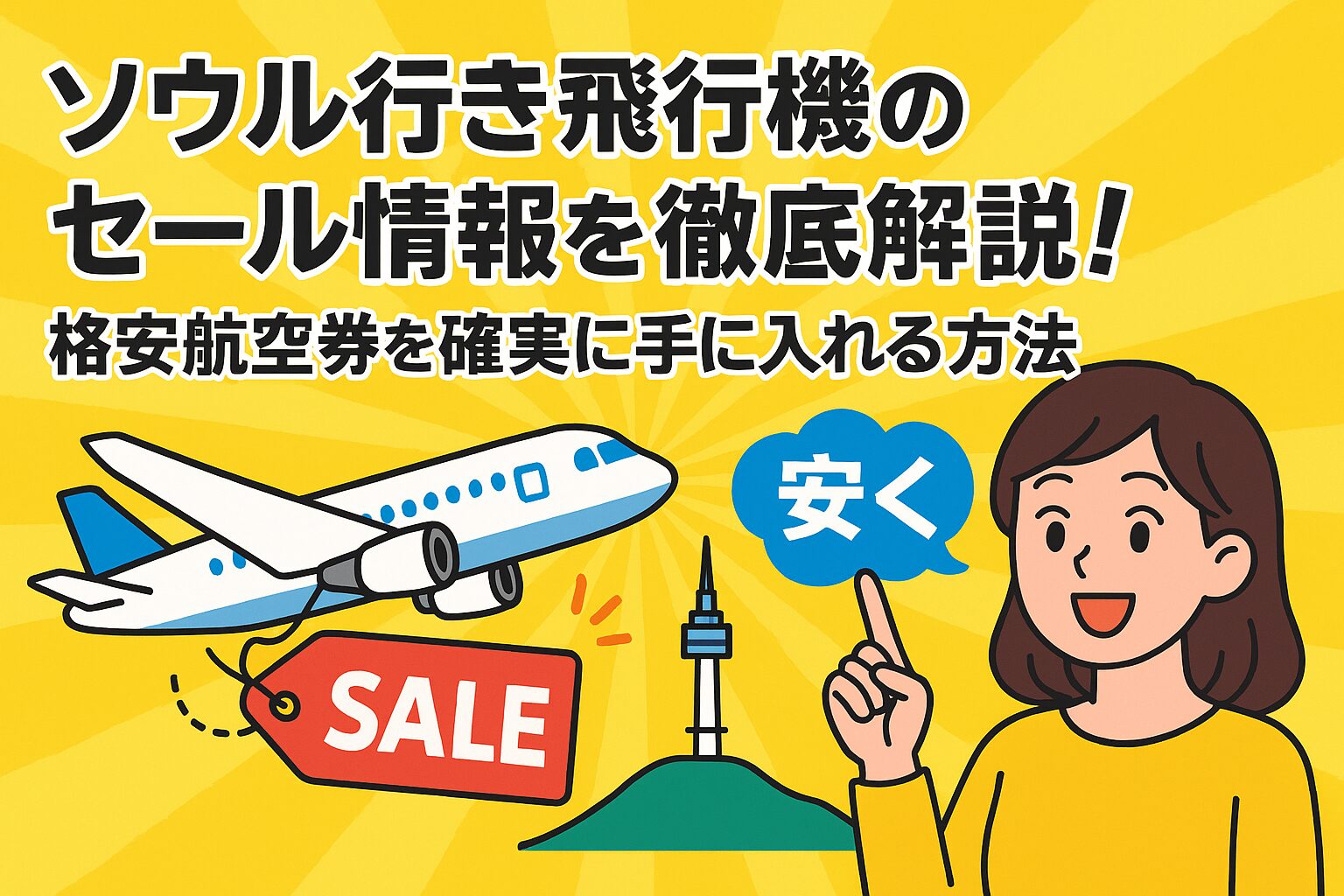 ソウルへの飛行機のセール情報を活用して格安航空券を手に入れる方法を解説するポップなイラスト画像。
