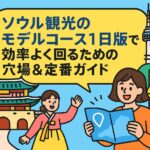 ソウルの街並みと観光スポットを背景に、1日で巡るモデルコースをポップに表現したイラスト。ソウル 観光 モデル コース 1 日の魅力を伝えるトップ画像。