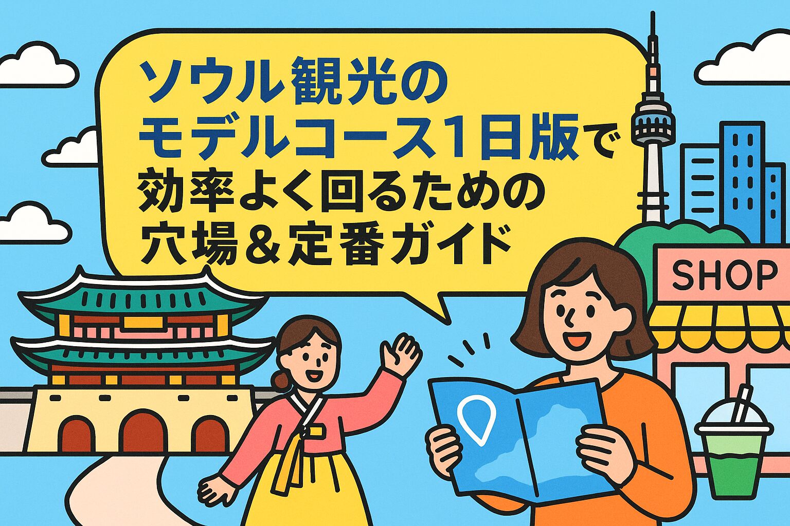 ソウルの街並みと観光スポットを背景に、1日で巡るモデルコースをポップに表現したイラスト。ソウル 観光 モデル コース 1 日の魅力を伝えるトップ画像。