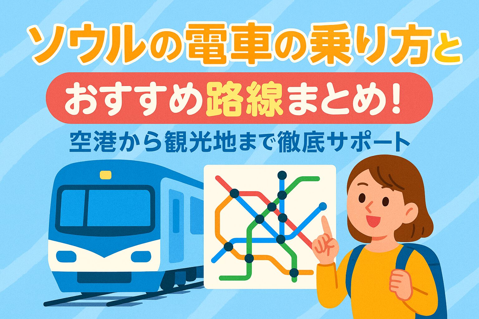 ソウルの電車の乗り方を案内するポップなイラストで、観光客が地下鉄を利用して移動する様子を描いた画像。ソウル 電車 乗り 方を初めて学ぶ人にもわかりやすいビジュアル。