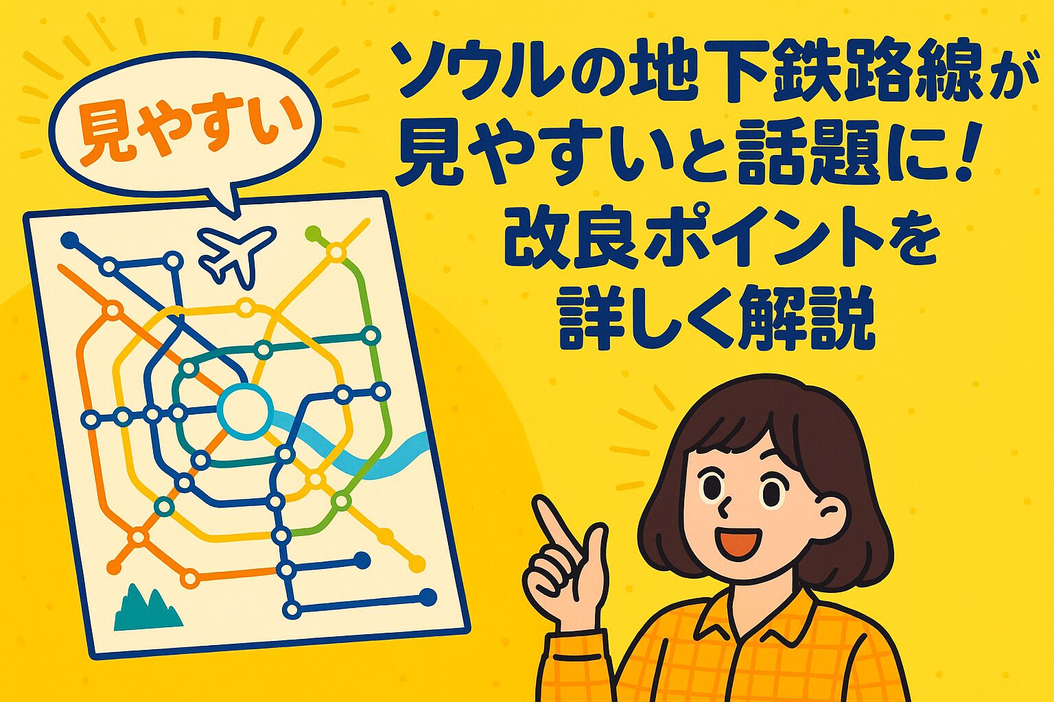 ソウル地下鉄の路線図が見やすいことをポップなイラストで伝える、観光客向けのわかりやすい案内ビジュアル。