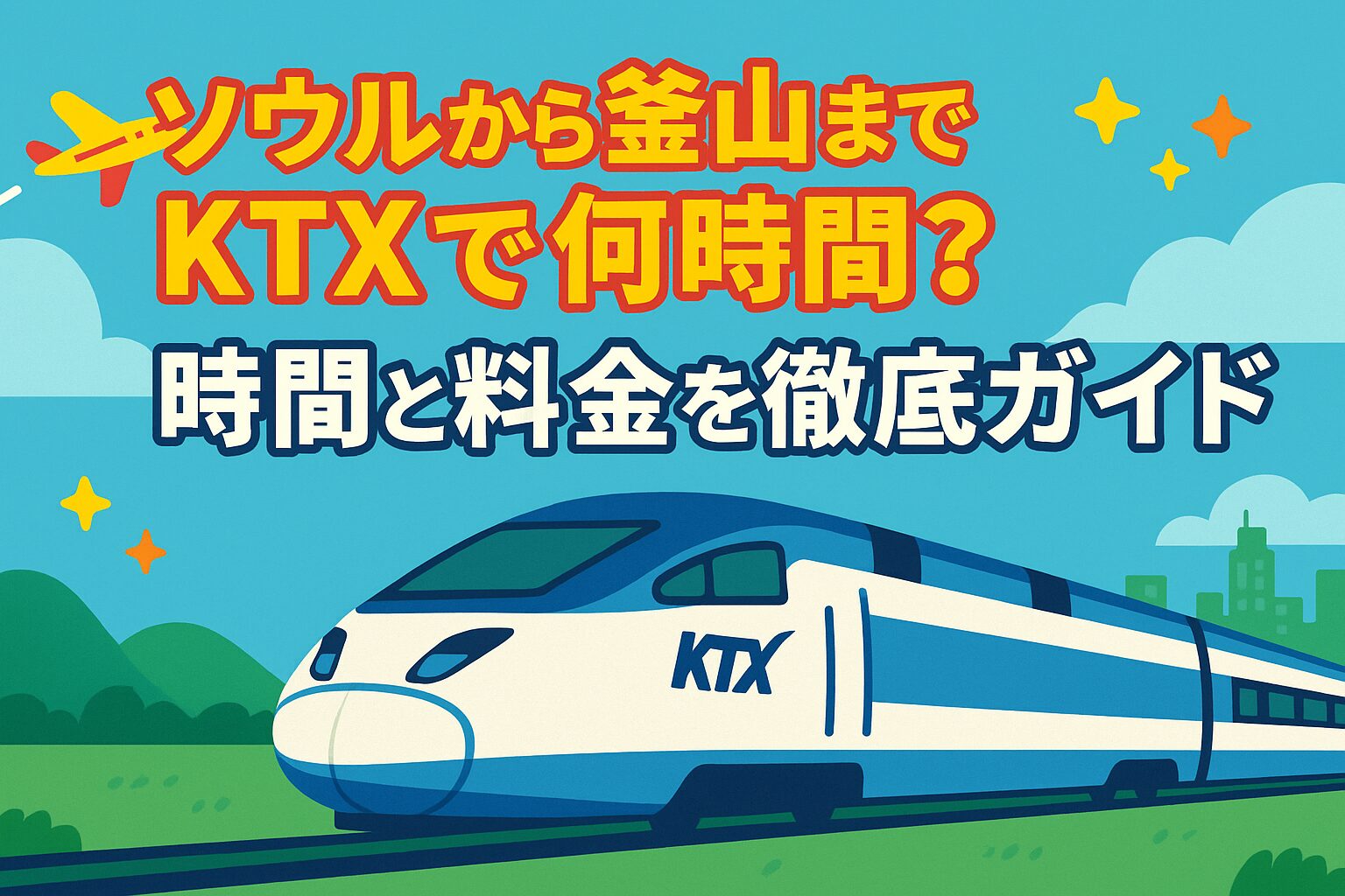 ソウルと釜山を結ぶKTXの所要時間をポップなイラストで表現したソウル 釜山 KTX 時間に関する案内画像。