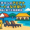 ニャチャンのアミアナ リゾートのビーチをイメージしたポップなイラスト。青い海と空、リゾート風のコテージ、サマーベッド、パラソルの下でリラックスする猫が描かれており、リゾートの魅力と親しみやすさを表現している。