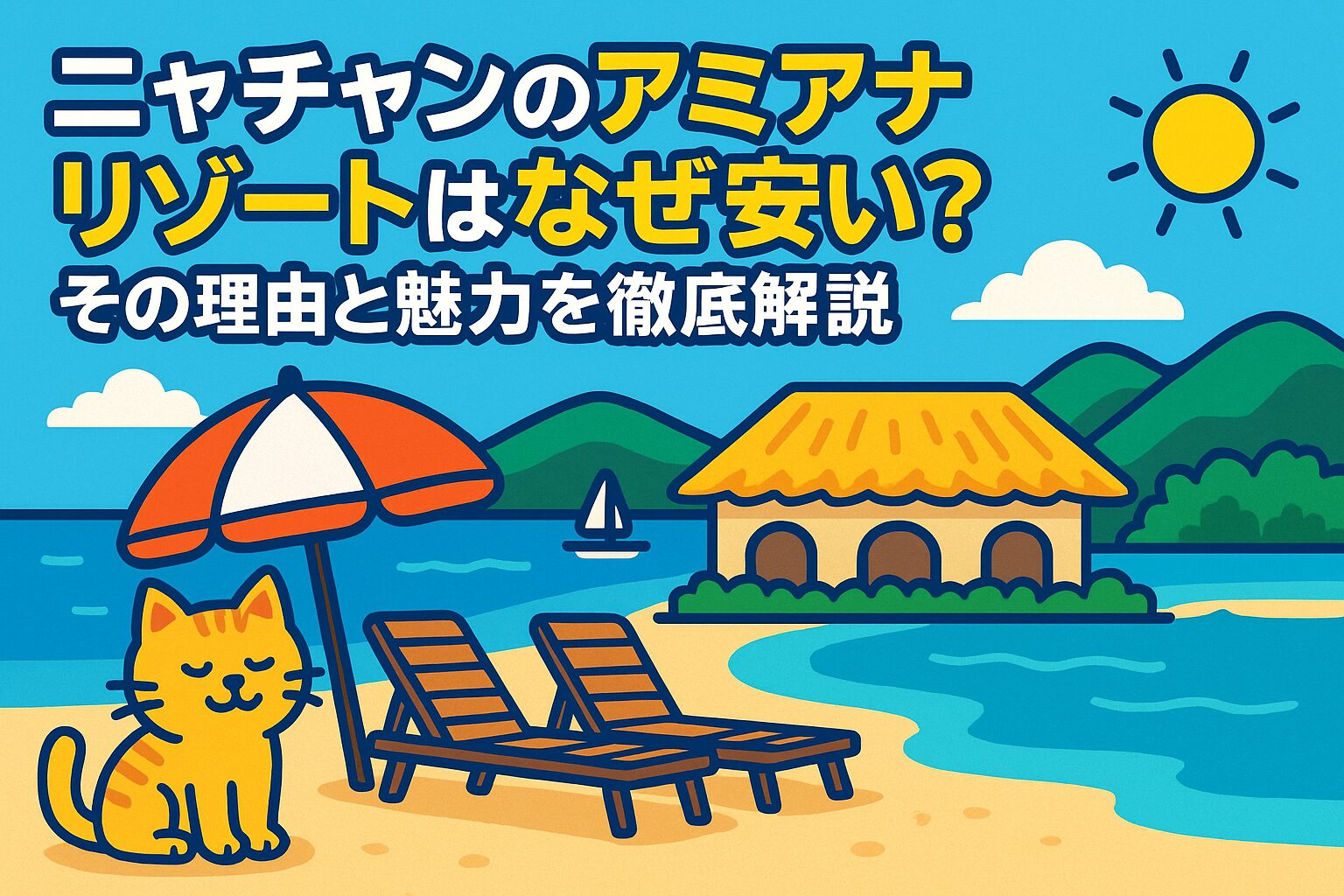 ニャチャンのアミアナ リゾートのビーチをイメージしたポップなイラスト。青い海と空、リゾート風のコテージ、サマーベッド、パラソルの下でリラックスする猫が描かれており、リゾートの魅力と親しみやすさを表現している。
