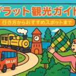 ダラットの観光スポットを象徴する湖や列車、バス、クレイジーハウスなどが描かれたポップなイラストで、旅行気分を盛り上げるカラフルなダラット観光ガイドのアイキャッチ画像