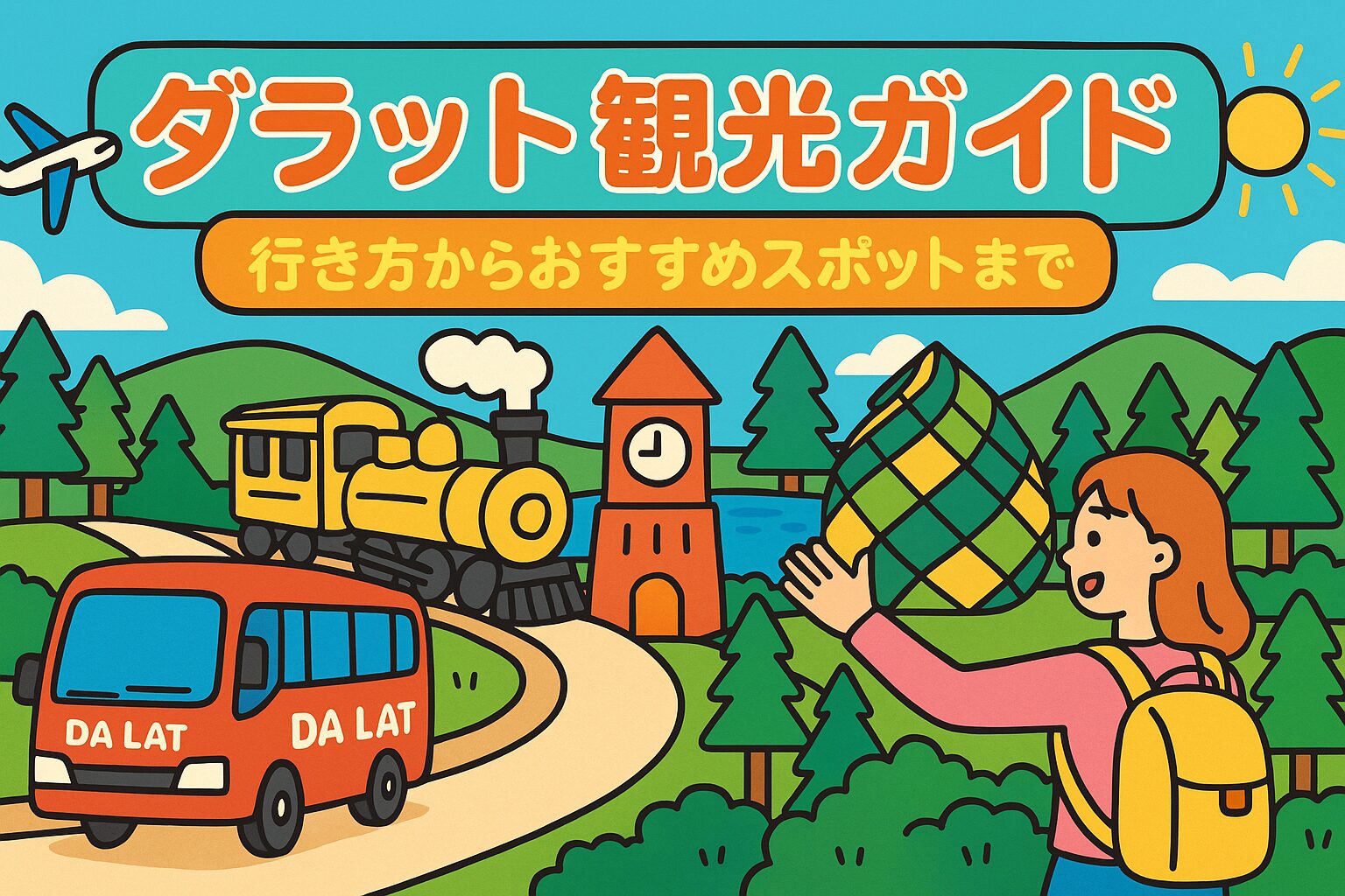 ダラットの観光スポットを象徴する湖や列車、バス、クレイジーハウスなどが描かれたポップなイラストで、旅行気分を盛り上げるカラフルなダラット観光ガイドのアイキャッチ画像