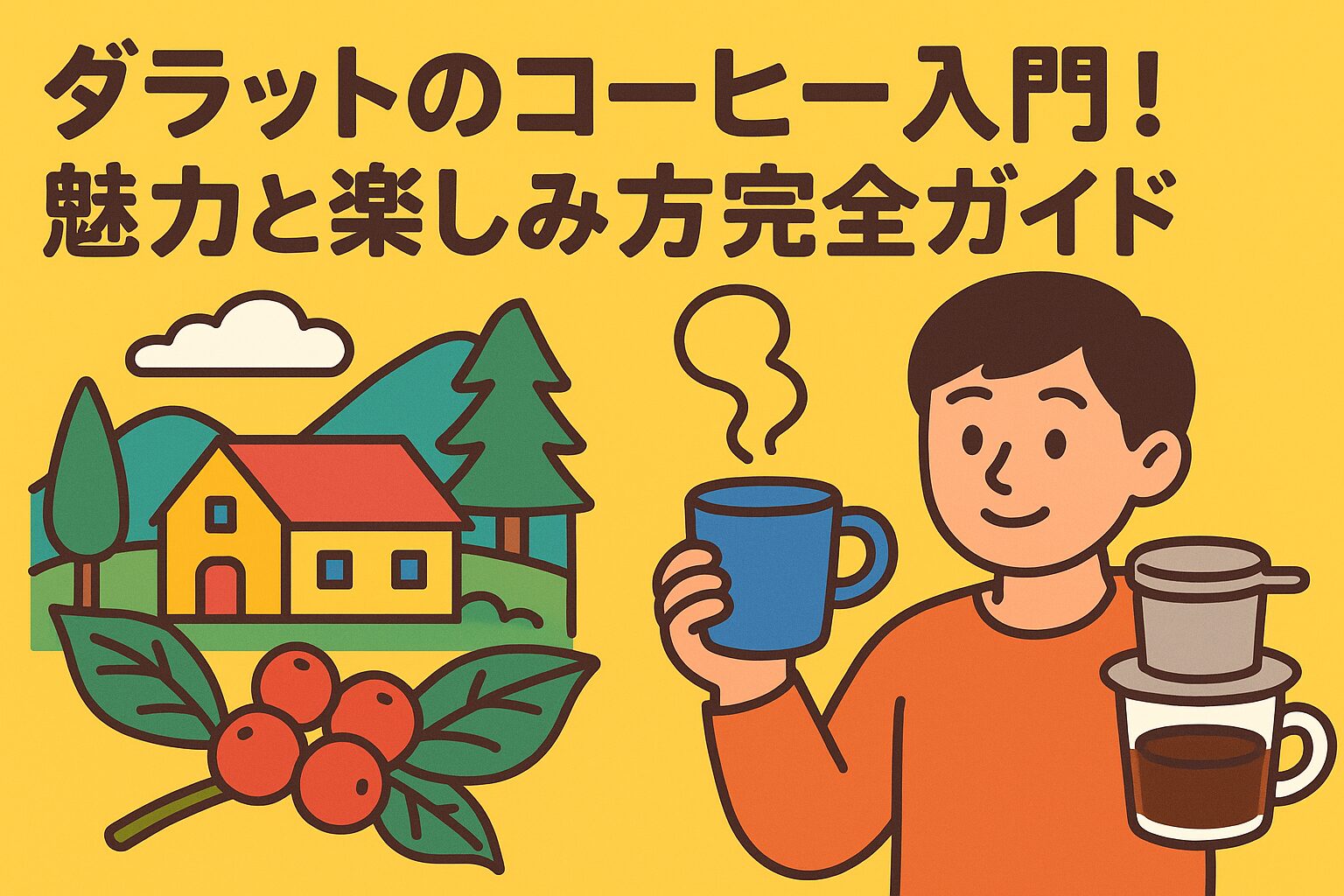 ダラットのコーヒーの魅力を紹介する、山とコーヒー農園を背景にベトナムコーヒーを楽しむ人物のポップなイラスト