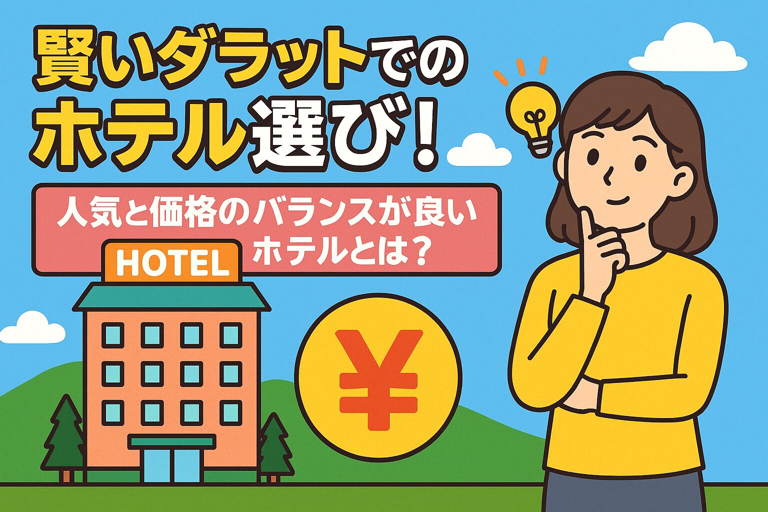 ダラットでのホテル選びを考える女性と、人気と価格のバランスが取れたホテルを象徴する建物や円形の円マークが描かれたポップなイラスト。ダラット ホテル選びのポイントを楽しく伝えるデザイン。