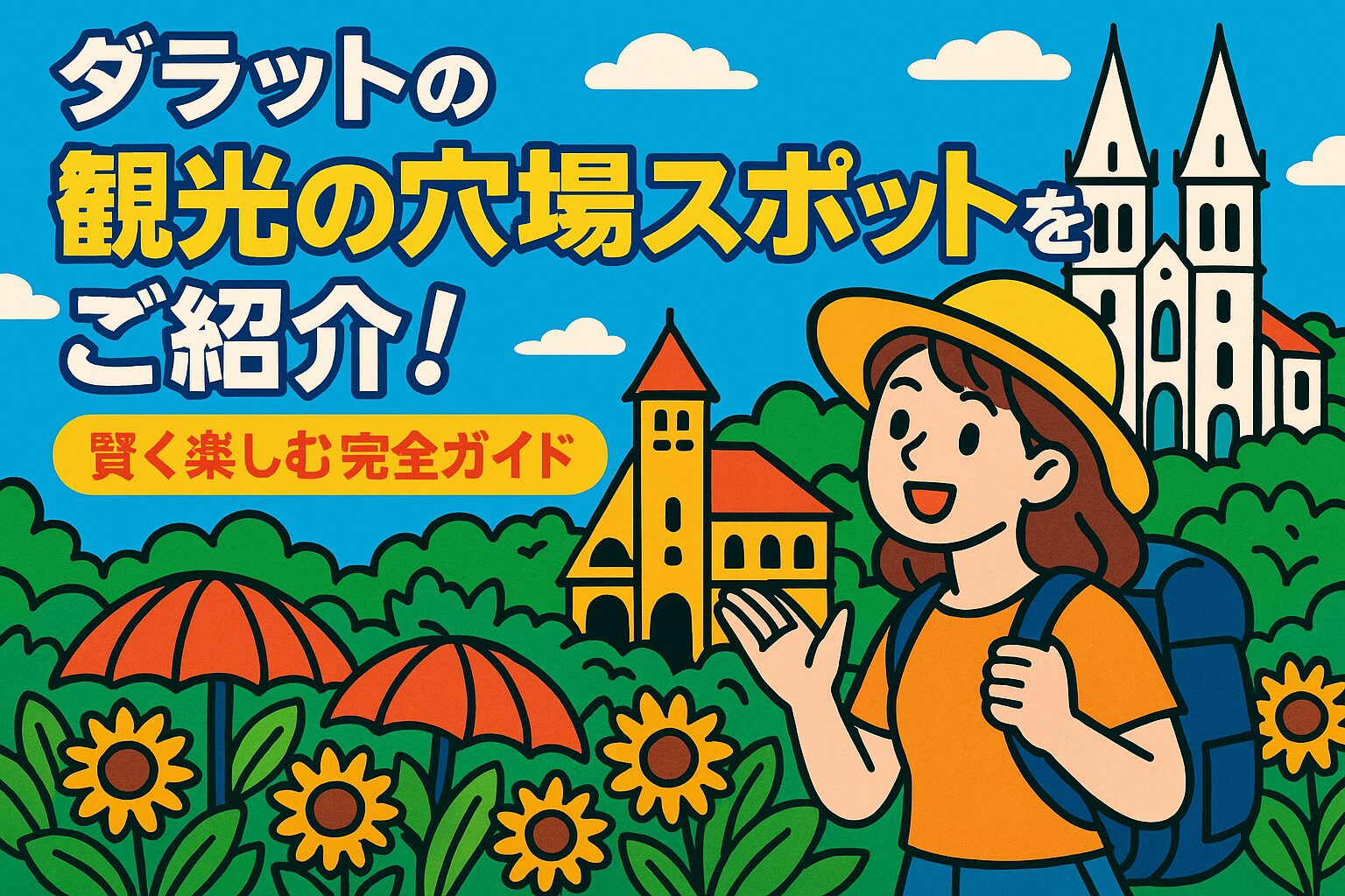 ダラット観光の穴場スポットを紹介するポップなイラスト画像。バックパックを背負った女性旅行者が、ダラットの自然やヨーロッパ風の建物、教会を背景に楽しそうに歩いている様子が描かれている。