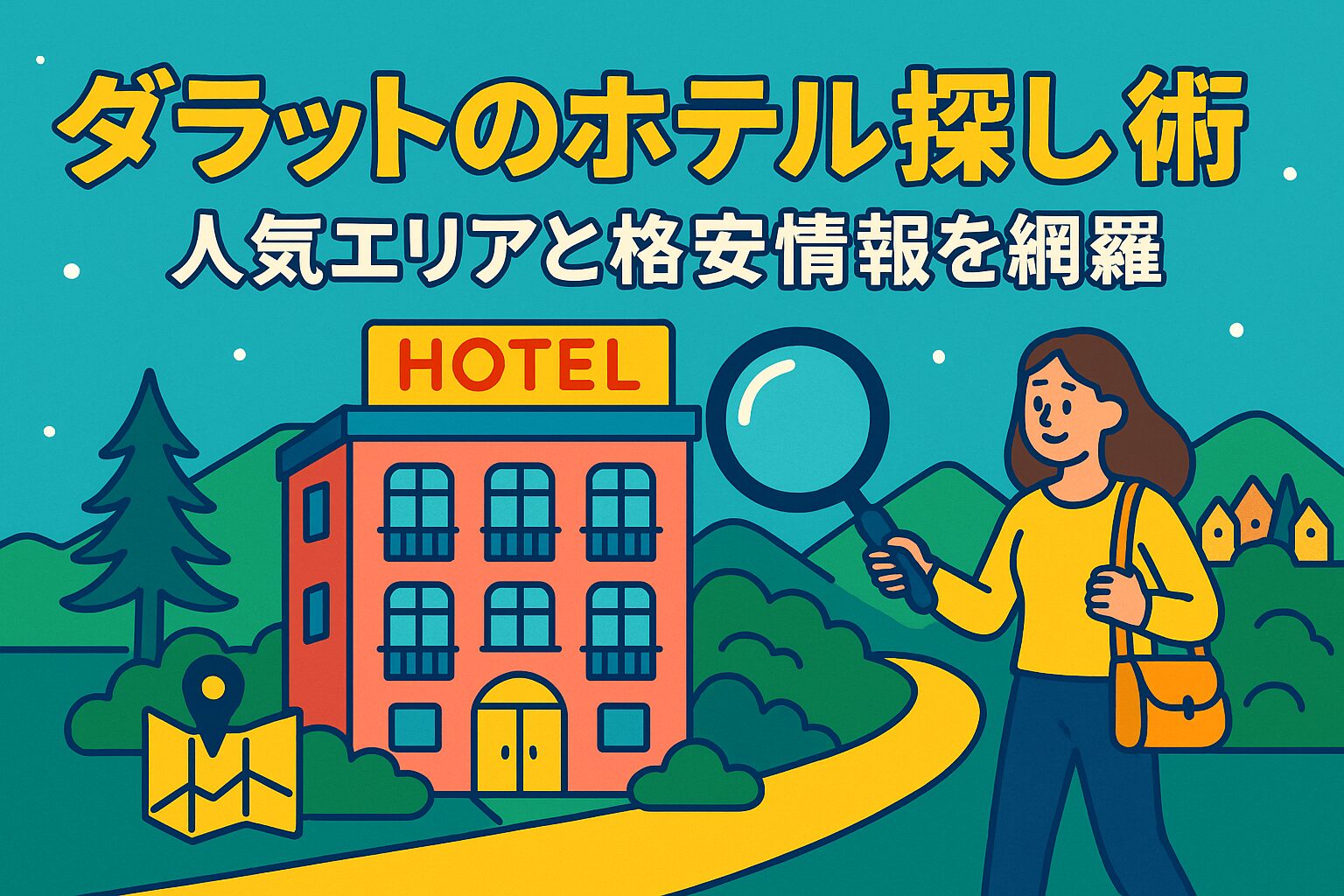 ポップなイラストで描かれたダラットのホテルを探す女性とホテルの建物、山や地図アイコンが背景にあるブログ用トップ画像。