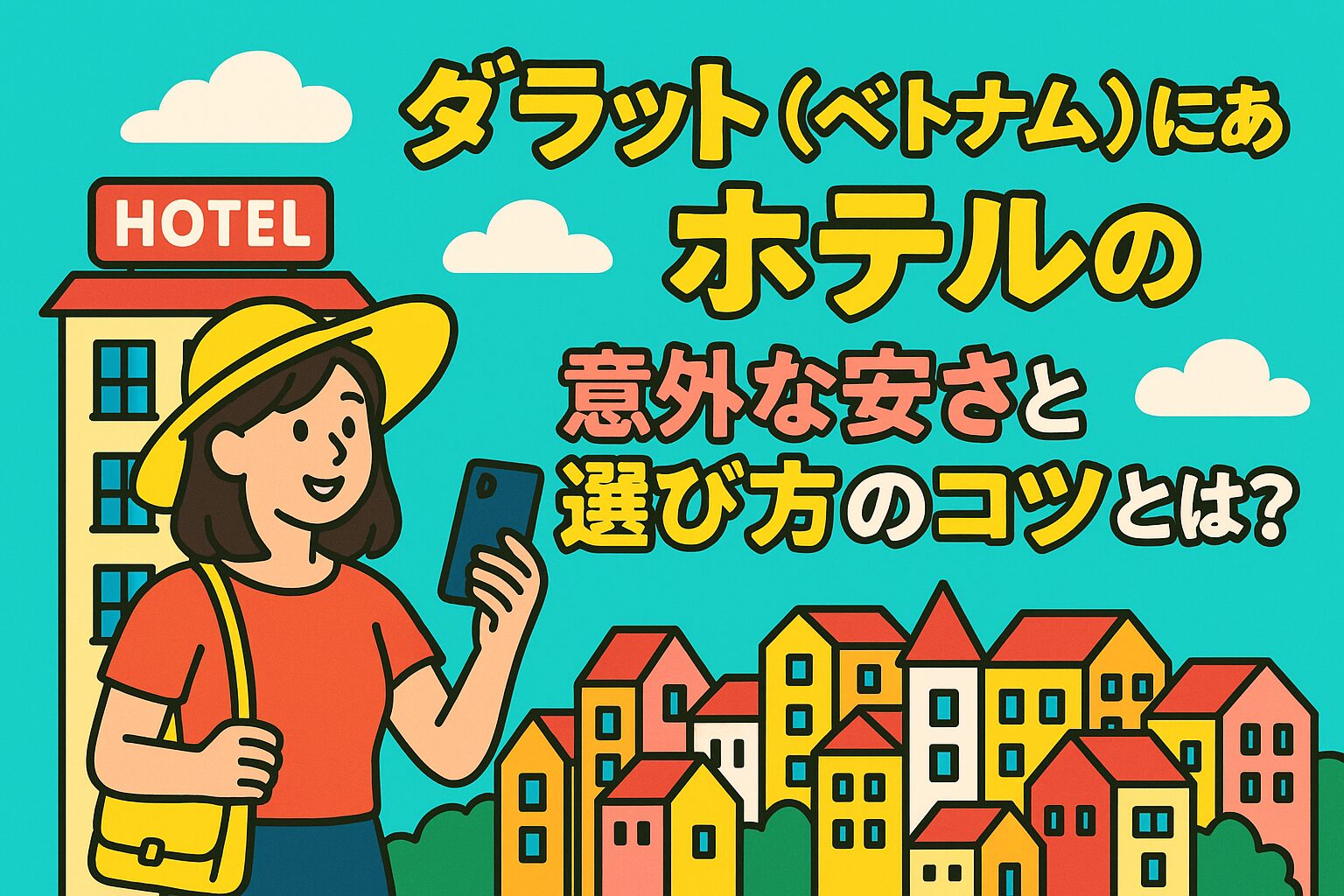 ポップなイラストで描かれたダラット(ベトナム)の街並みとホテル、スマートフォンを手にした観光客の女性が登場し、「ダラット ベトナム ホテル」の選び方や安さのポイントを紹介する内容を表現したアイキャッチ画像。
