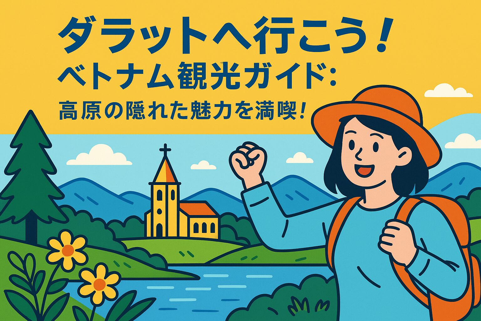 ダラット（ベトナム）の高原風景を背景に、旅行を楽しむ女性が描かれたポップなイラスト。観光ガイドをテーマにした明るく親しみやすいデザイン。