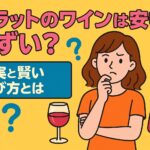 ダラットワインの価格や味に疑問を抱く女性とワインボトル、ポップなイラストで真実と賢い選び方を表現