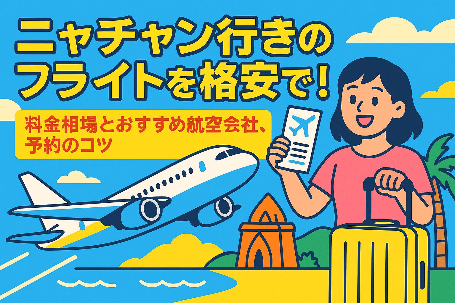 ニャチャン行きのフライトをテーマにしたポップなイラストで、飛行機、旅行者、南国の風景が描かれているブログ用アイキャッチ画像