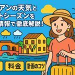 ホイアンの天気をテーマに、カラフルな街並みと橋、旅行カバンを持った女性観光客、季節ごとの天気アイコンがポップなイラストで描かれた画像