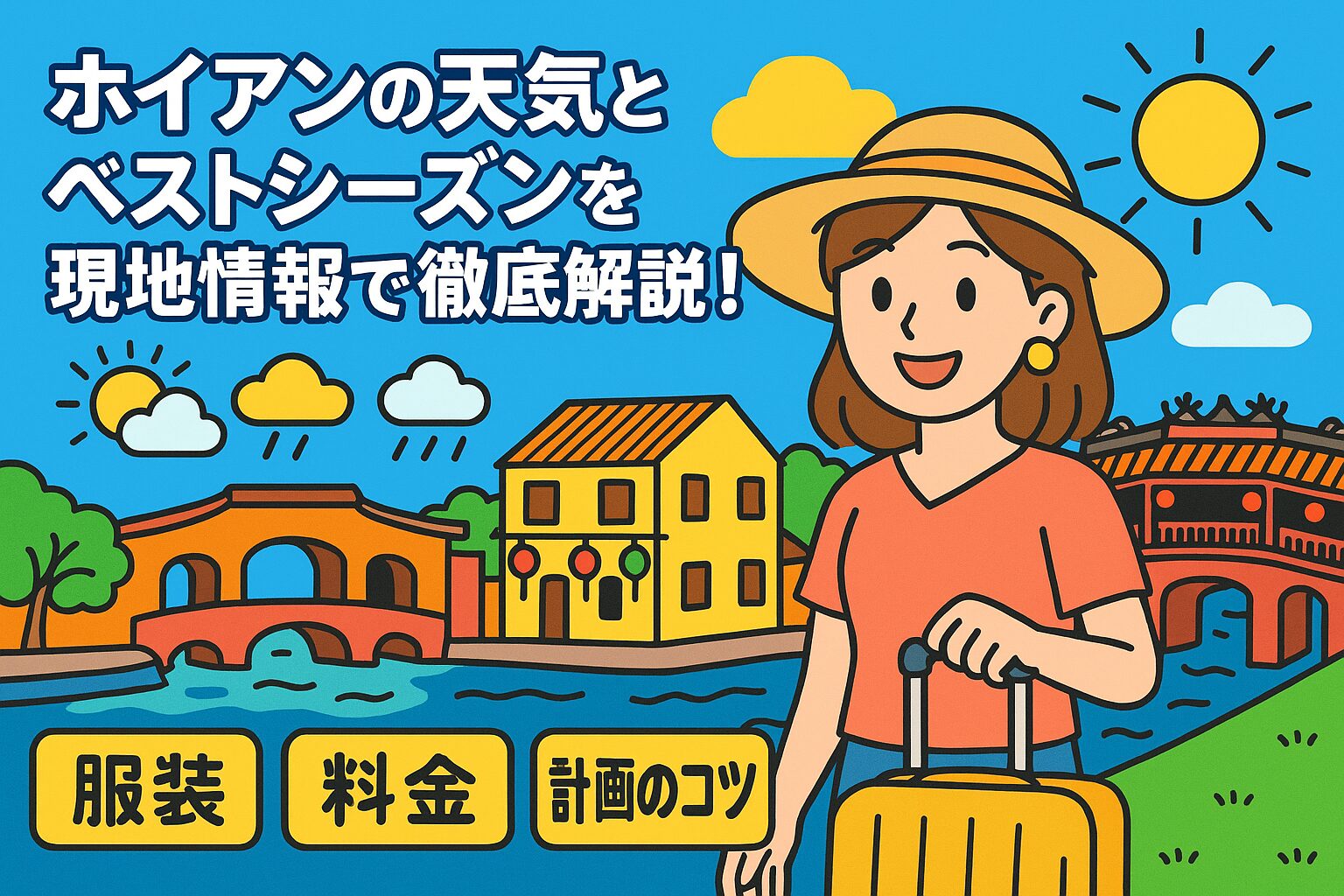 ホイアンの天気をテーマに、カラフルな街並みと橋、旅行カバンを持った女性観光客、季節ごとの天気アイコンがポップなイラストで描かれた画像