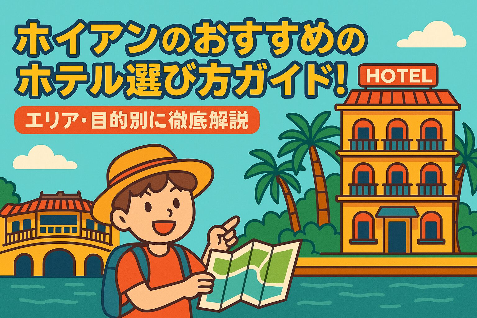 ホイアンのおすすめのホテルを紹介するポップなイラストで、地図を持った旅行者と川沿いのカラフルなホテル、背景にはホイアンの有名な日本橋とヤシの木が描かれている
