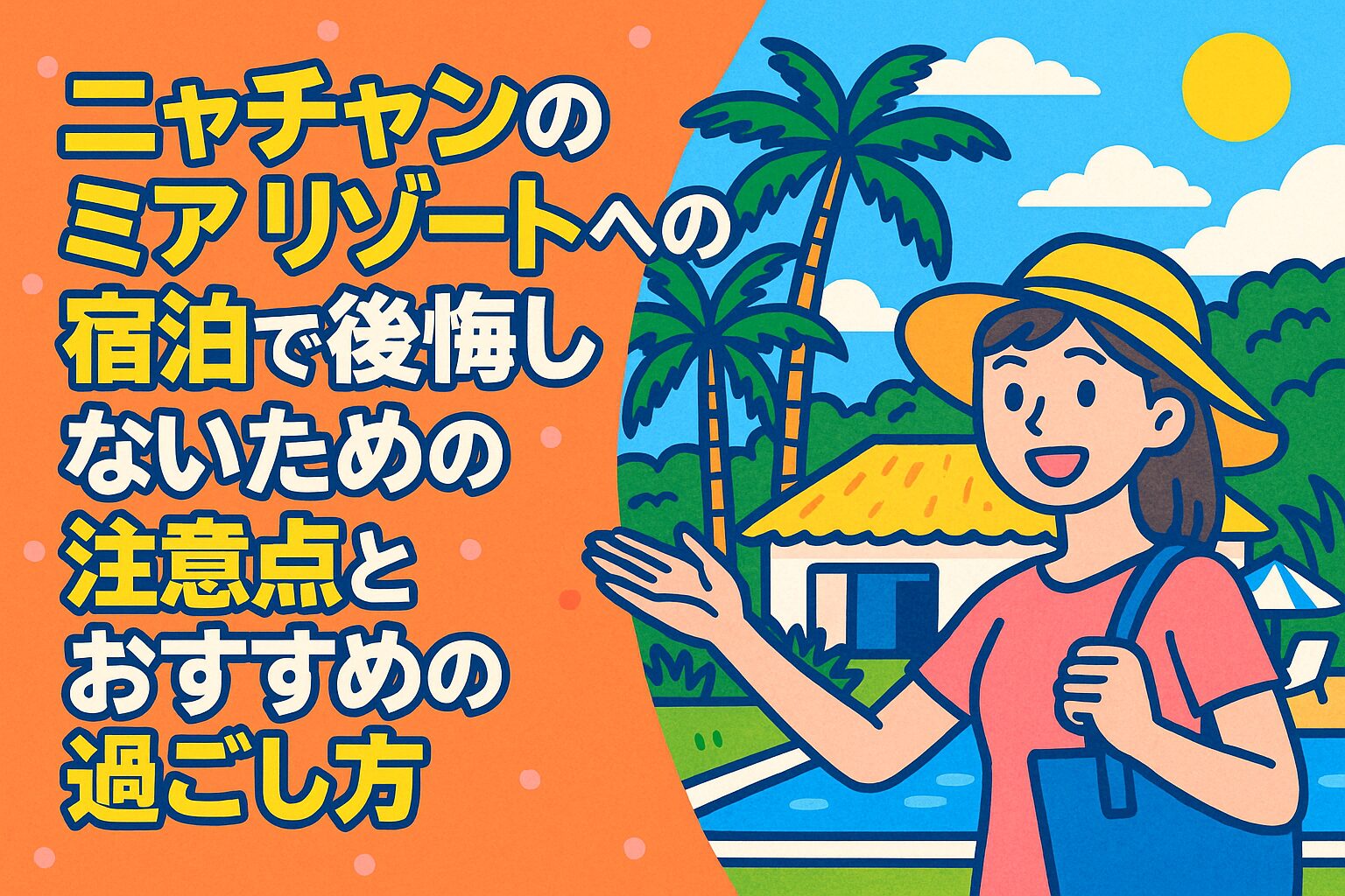 ニャチャンのミア リゾートを背景に、笑顔で紹介する女性と南国の風景が描かれたポップなイラスト