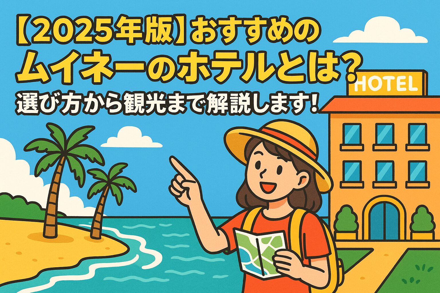 ムイネーのビーチ近くにあるホテルを背景に、地図を手にした旅行者が指をさして観光を楽しむ様子を描いたポップなイラスト