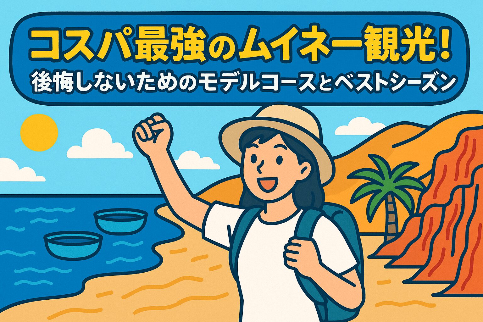 ムイネー観光を楽しむ若い女性旅行者が、海と砂丘の絶景を背景に笑顔でガッツポーズするポップなイラスト