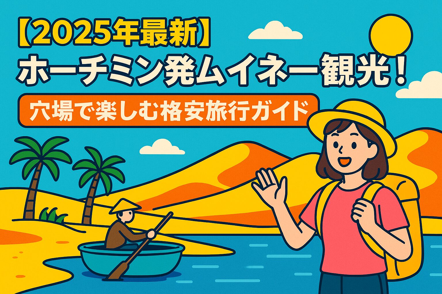 ムイネーの砂丘と丸い小舟を背景に、バックパックを背負った女性旅行者が笑顔で手を振っているポップなイラスト