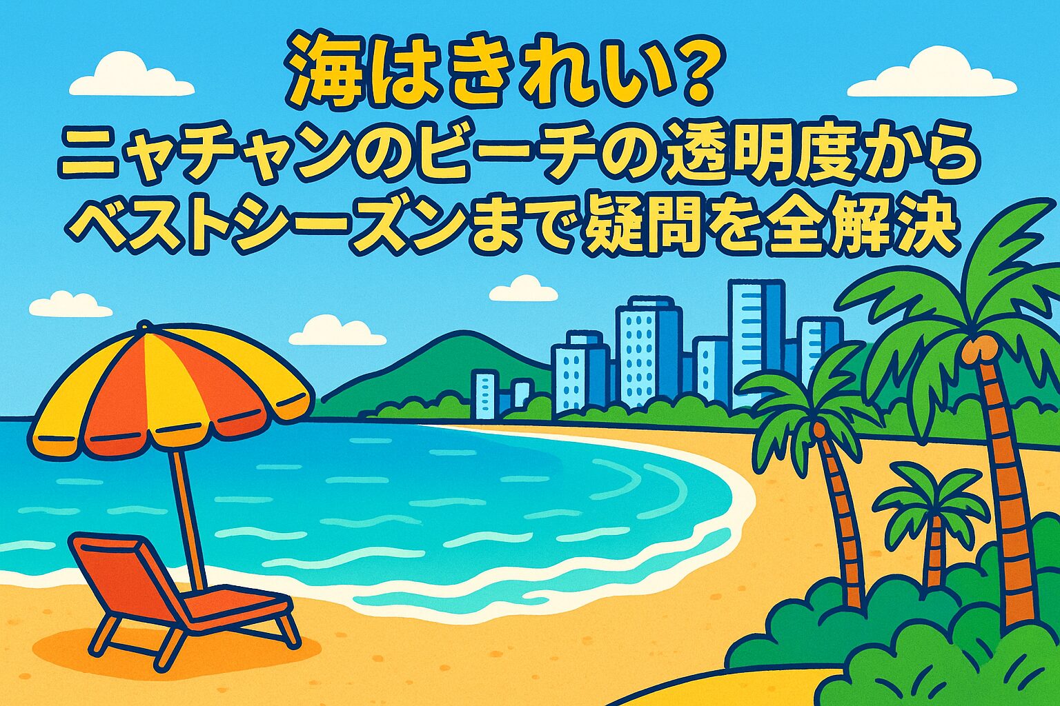 ニャチャンのビーチをポップなイラストで描いた画像。青い海と空、カラフルなビーチパラソル、椰子の木、そして背景に高層ビルが立ち並ぶ風景が特徴的。