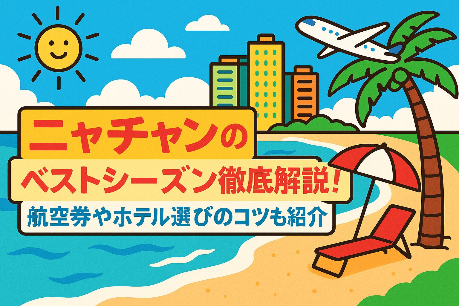 ニャチャンのベストシーズンを紹介するポップなイラスト画像。青い海と砂浜、ヤシの木、リゾートホテル、飛行機、笑顔の太陽が描かれており、旅行ガイド記事のトップ画像のようなもの。