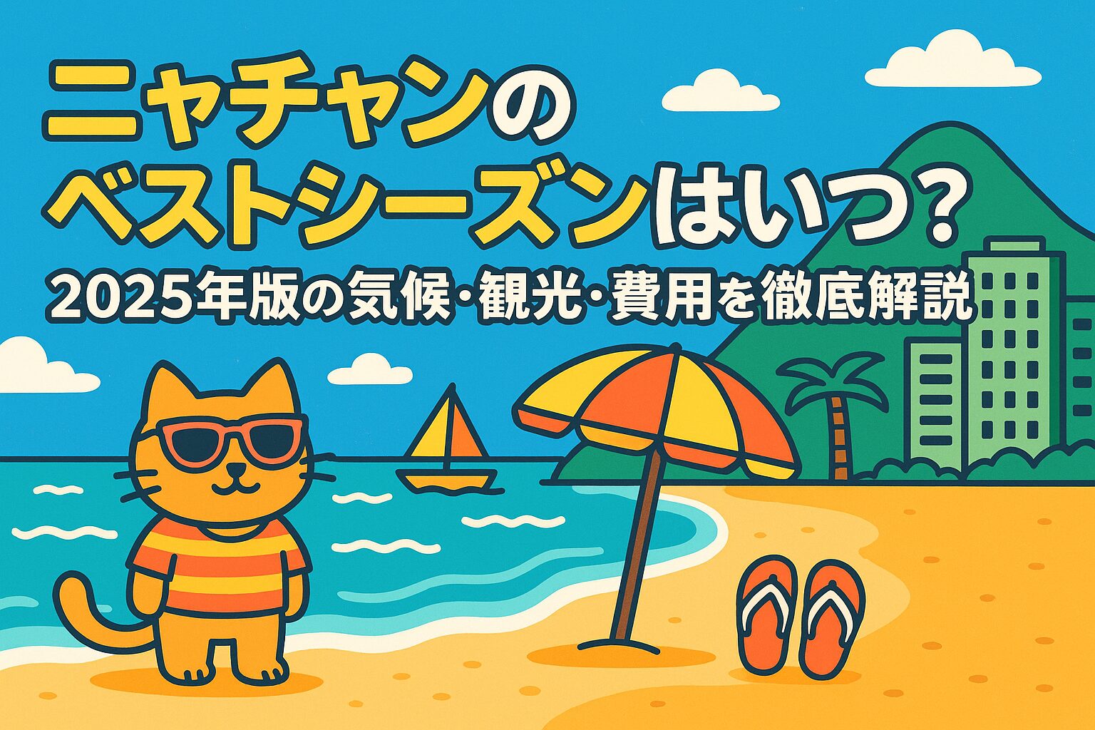 ニャチャンのベストシーズンを紹介するポップなイラスト。ビーチに立つサングラス姿の猫キャラクター、パラソル、サンダル、ヨット、南国風の建物や山が描かれており、リゾート気分を楽しく表現している
